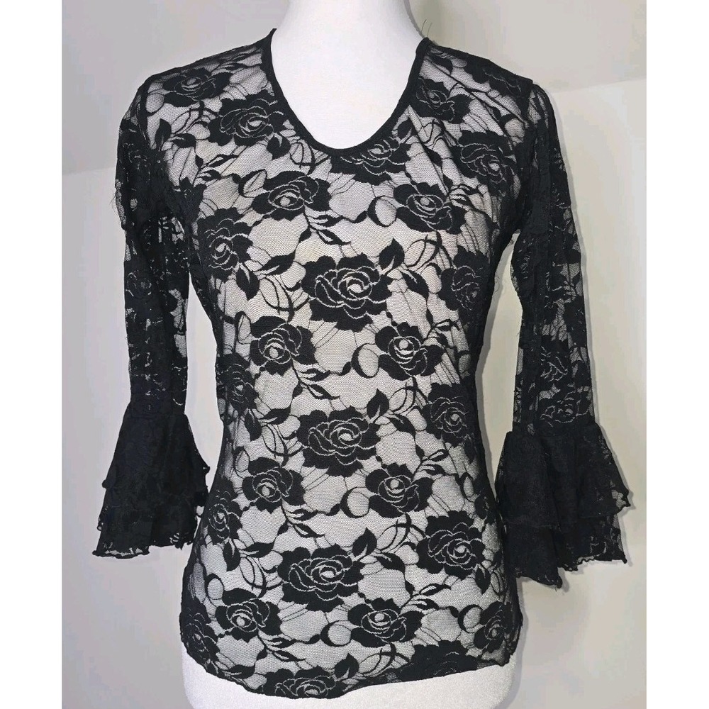 Black Sheer Lace Bell Sleeve Top Goth Y2K Fairy Whichy Grunge Floral Mesh Small